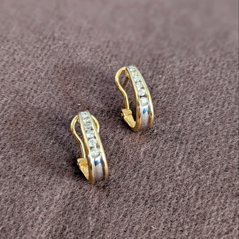 14k White Gold + Gold Trim Pavé Diamond Huggie Half Hoop Earrings